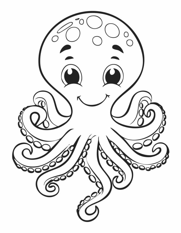 Cute Octopus Coloring Kid Book Page in Black and White. Monochrome and Samples vector