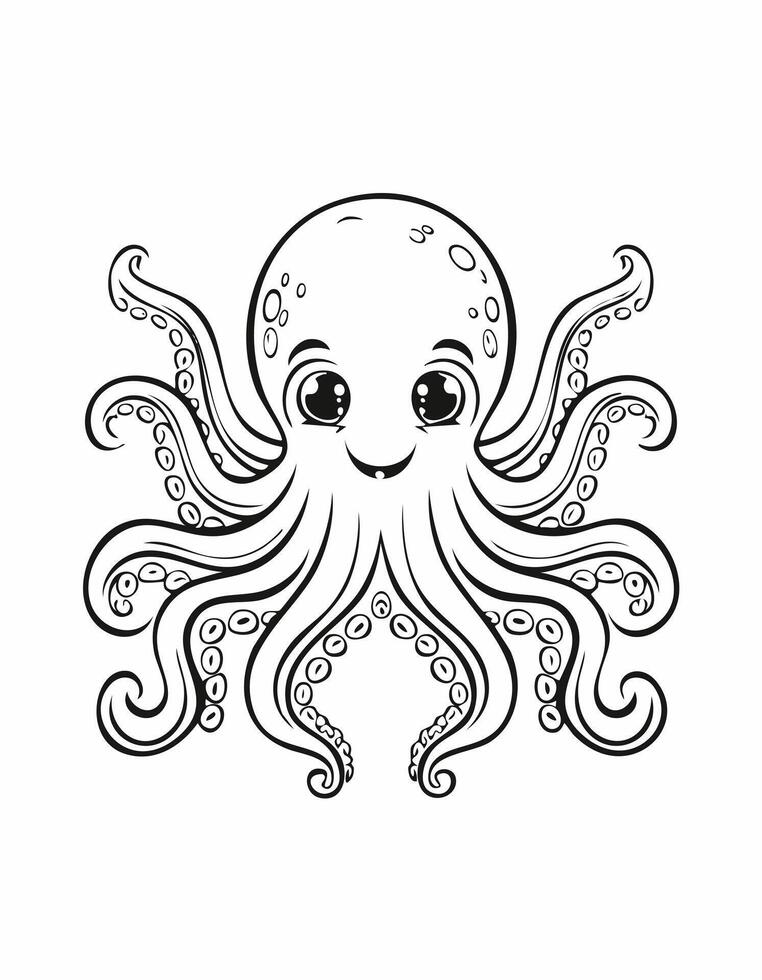 Cute Octopus Coloring Kid Book Page in Black and White. Monochrome Colored Samples vector