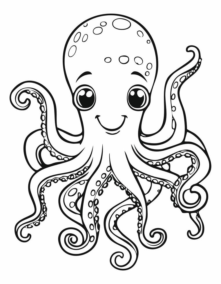 Cute Octopus Coloring Kid Book Page in Black and White. Monochrome and Colored Samples vector
