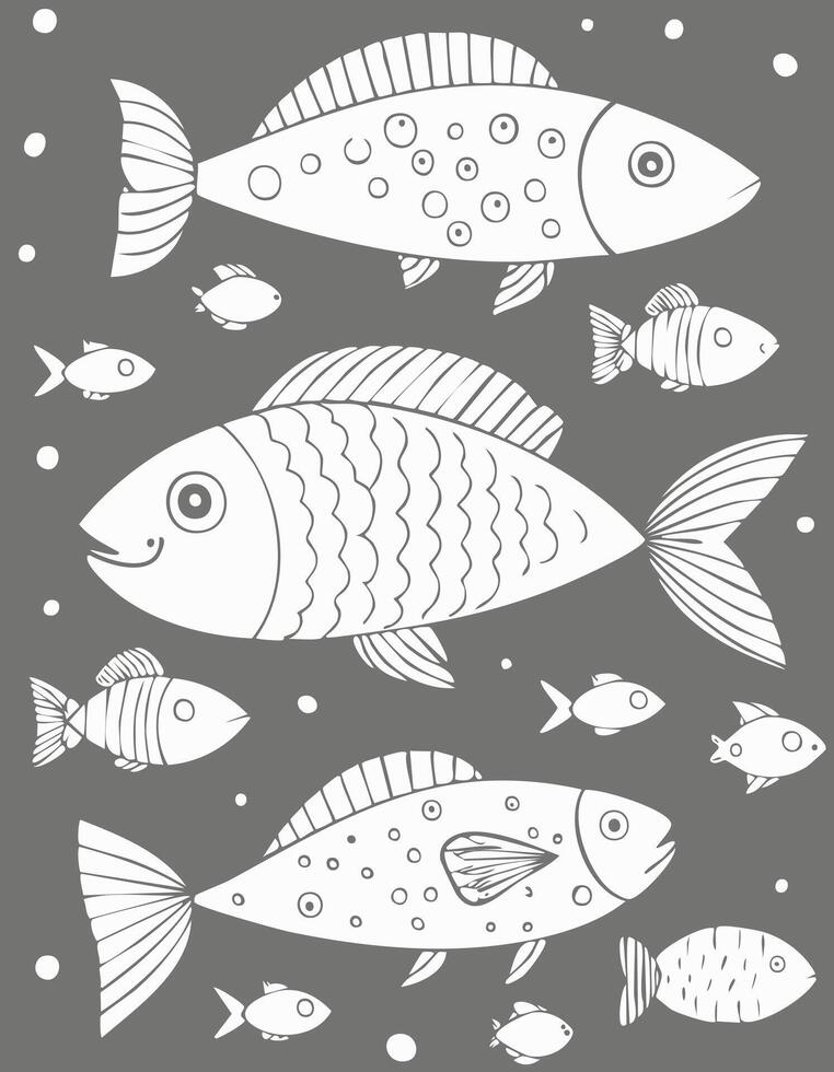 Cute Fish Coloring Kid Book Page in Black White. Monochrome and Colored Samples vector