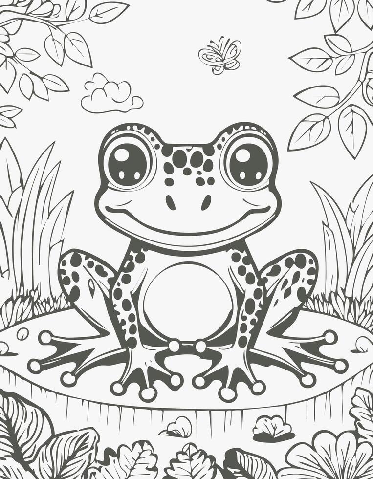 Cute Frog Toad Coloring Kid Book Page in Black and White. Monochrome and Colored Samples vector