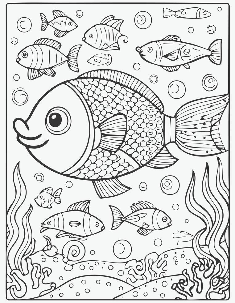 Cute Fish Coloring Kid Book Page Black and White. Monochrome and Colored Samples vector