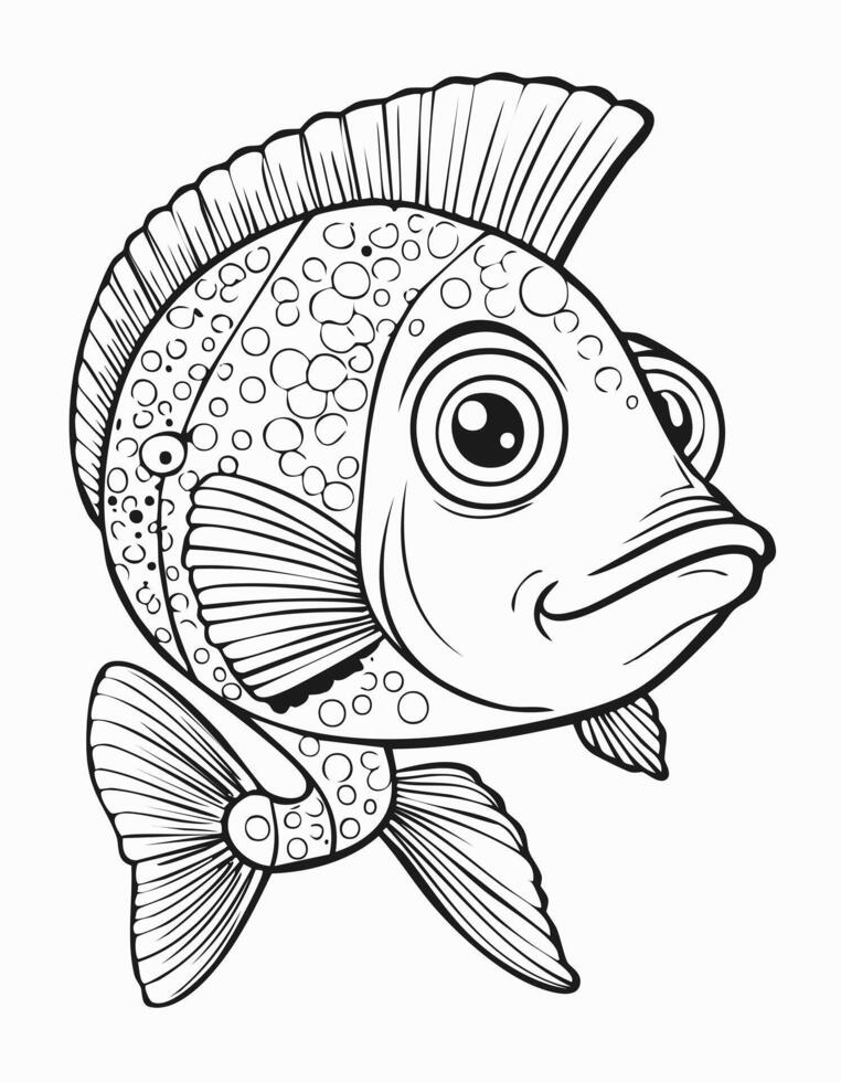 Cute Fish Coloring Kid Book Page in Black and White. Monochrome and Colored Samples vector