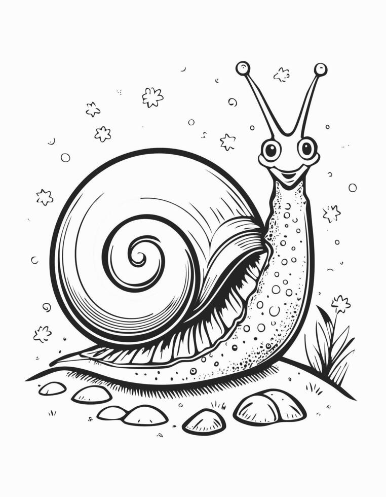 Cute Snail Animal Coloring Kid Book Page in Black and White. Monochrome and Samples vector