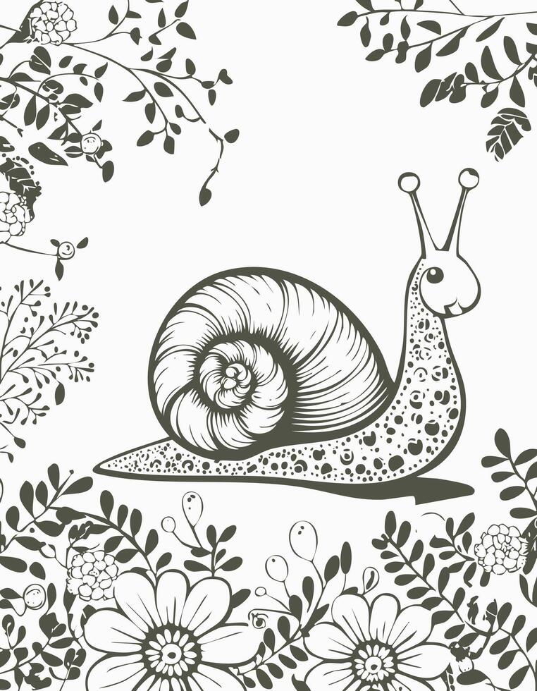 Cute Snail Animal Coloring Kid Book Page in Black and White. Monochrome Colored Samples vector