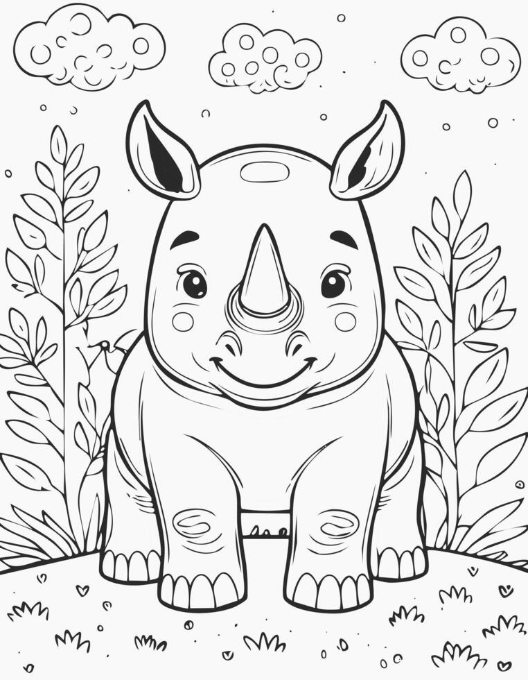 Cute Rhinoceros Animal Mammal Coloring Kid Book Page in Black and White. and Colored Samples vector