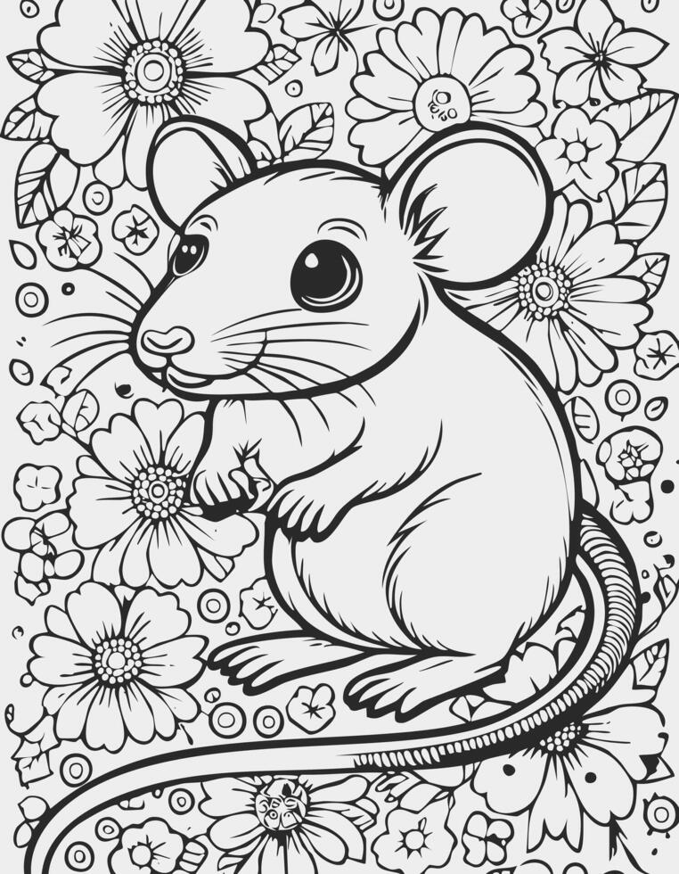 Cute Rat Mouse Animal Mammal Coloring Kid Book Page in Black and White. Monochrome and Samples vector