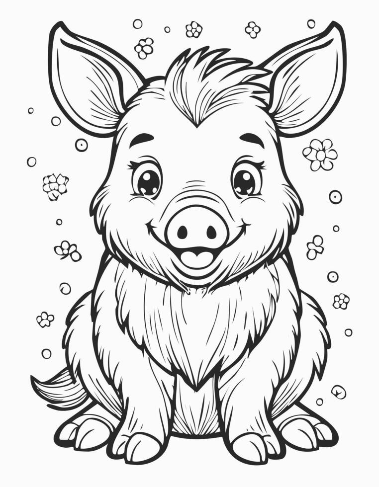 Cute Boar Pig Mammal Coloring Kid Book in Black and White. Monochrome and Colored Samples vector