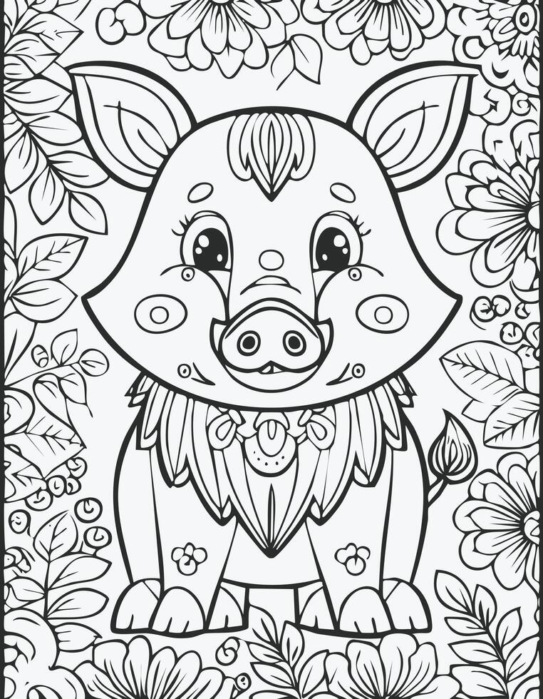 Cute Boar Pig Mammal Coloring Kid Page in Black and White. Monochrome and Colored Samples vector