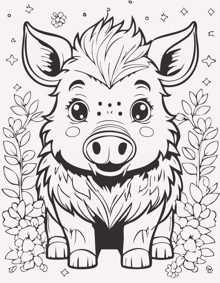 Cute Boar Pig Mammal Coloring Kid Book Page in Black and White. Monochrome Colored Samples vector