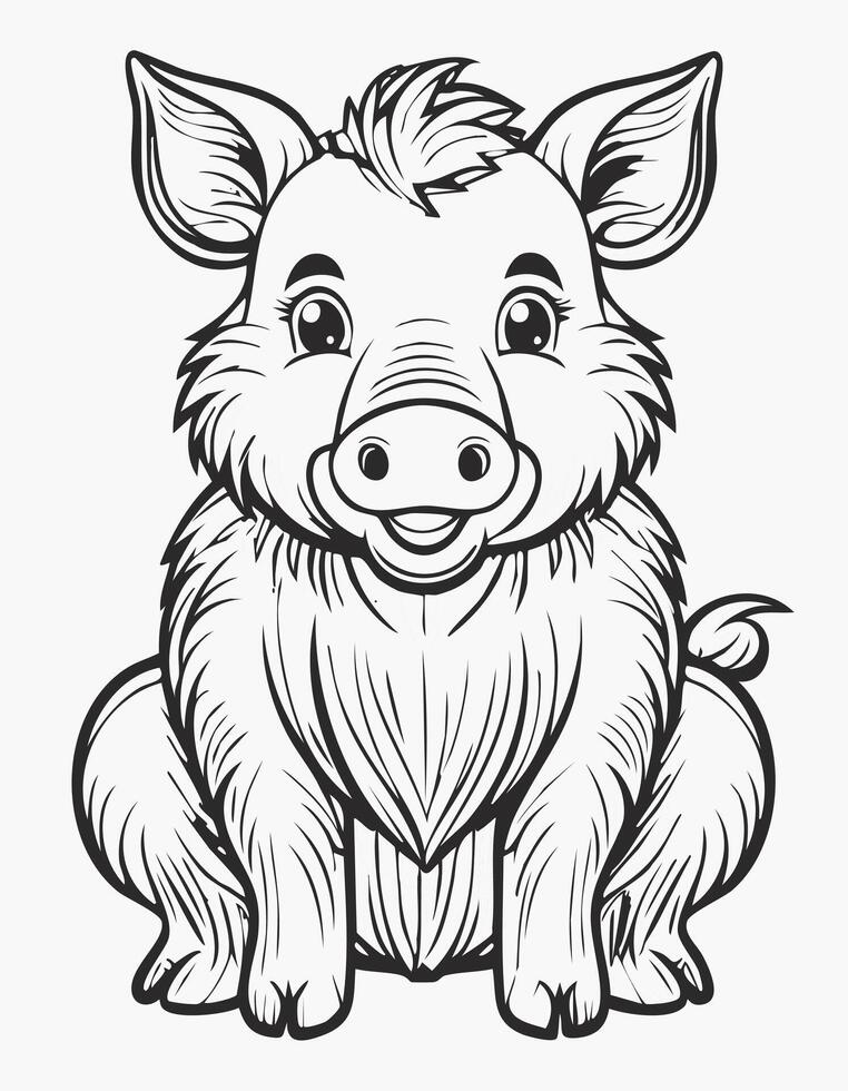Cute Boar Pig Mammal Coloring Kid Book Page in Black and White. Monochrome and Colored vector