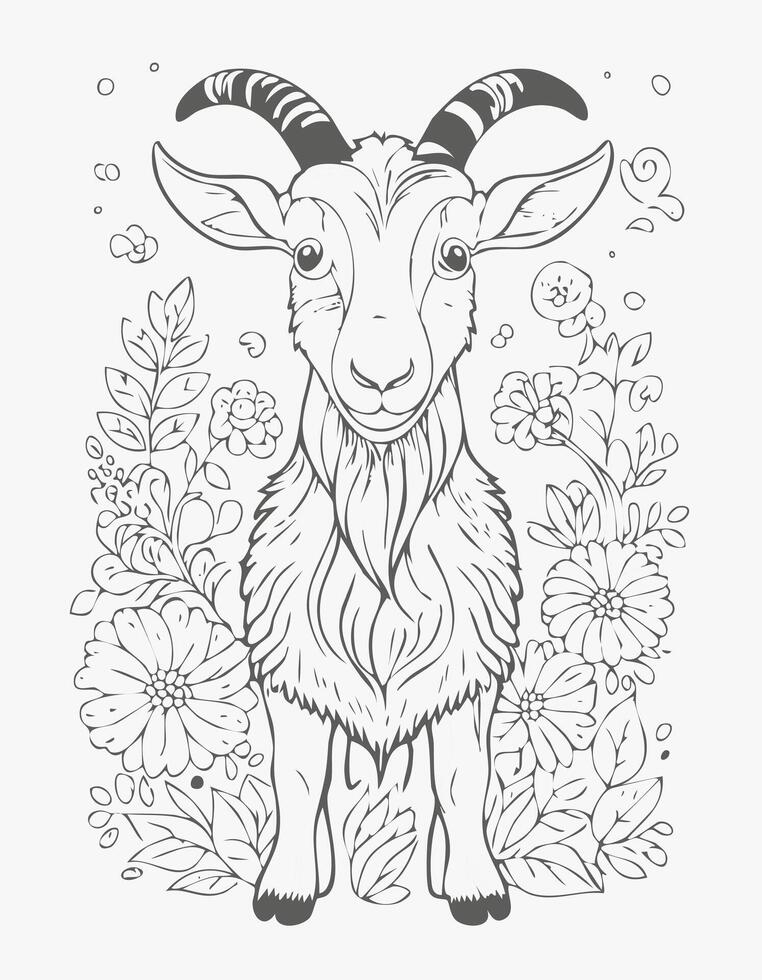 Cute Goat Sheep Mammal Coloring Kid Book in Black and White. Monochrome and Colored Samples vector
