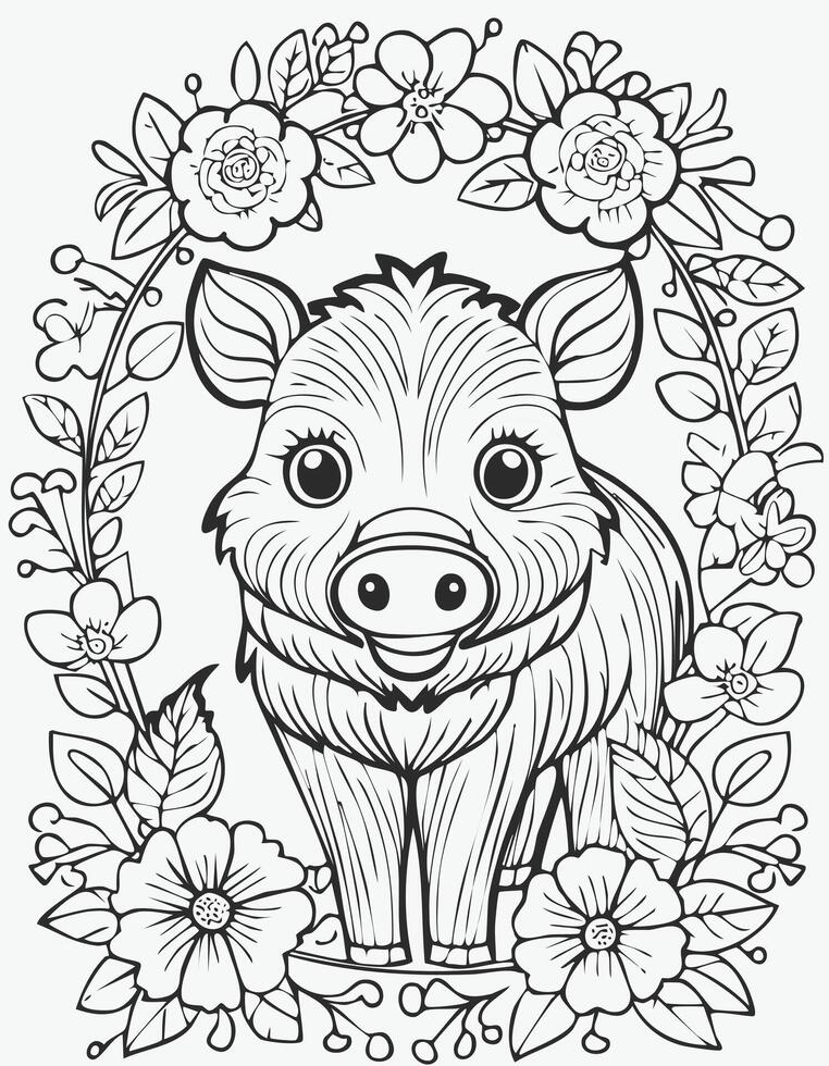 Cute Boar Pig Mammal Coloring Kid Book Page in Black and White. Monochrome and Colored Samples vector