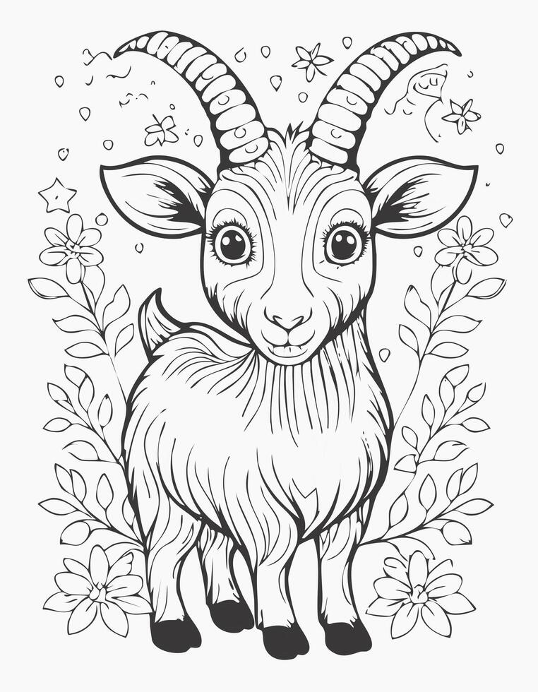 Cute Goat Sheep Mammal Coloring Kid Page in Black and White. Monochrome and Colored Samples vector