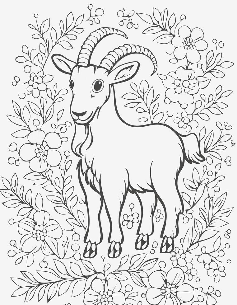 Cute Goat Sheep Mammal Coloring Kid Book Page in Black and White. Monochrome and Colored vector