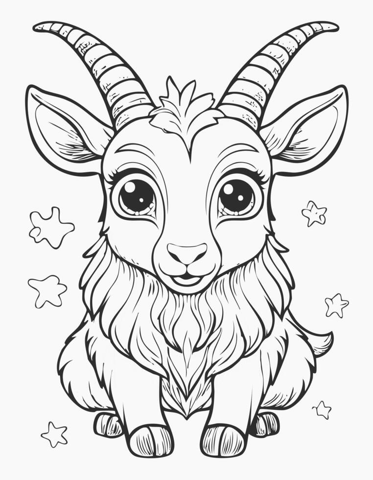 Cute Goat Sheep Mammal Coloring Kid Book Page in Black and White. Monochrome and Samples vector