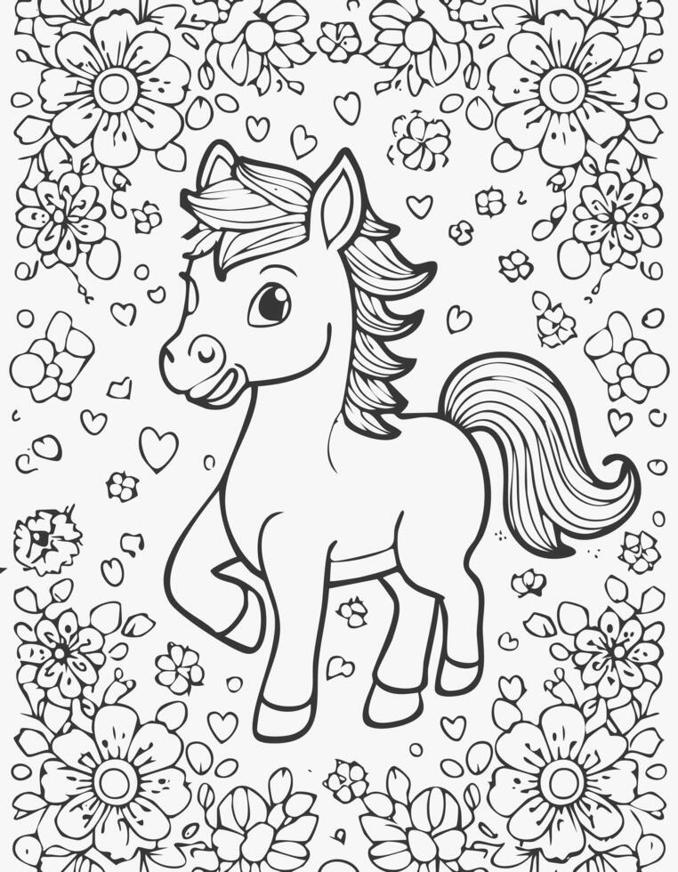 Cute Horse Mammal Coloring Kid Book Page in Black and White. Monochrome and Colored Samples vector