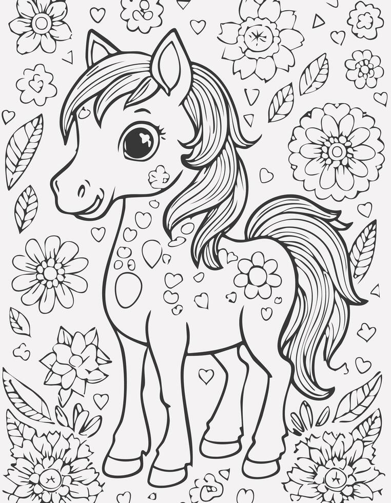 Cute Horse Mammal Coloring Kid Book Page in Black White. Monochrome and Colored Samples vector