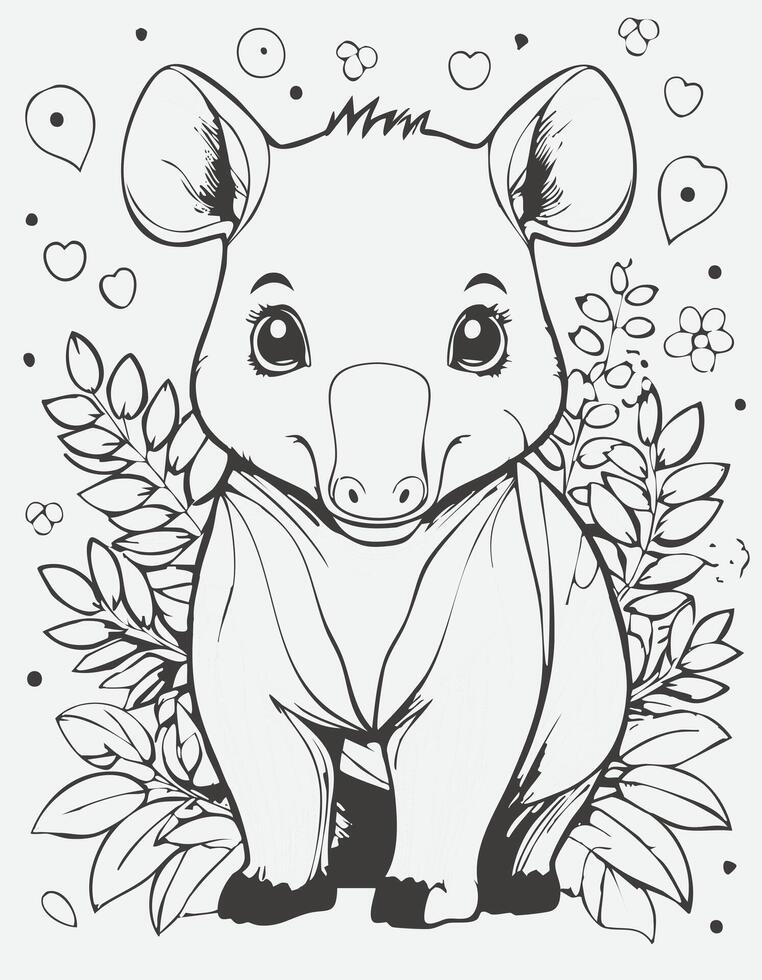 Cute Tapir Mammal Coloring Kid Book Page Black and White. Monochrome and Colored Samples vector