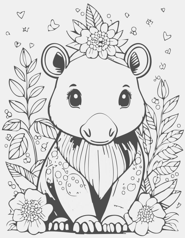 Cute Tapir Mammal Coloring Kid Book Page in Black and White. and Colored Samples vector