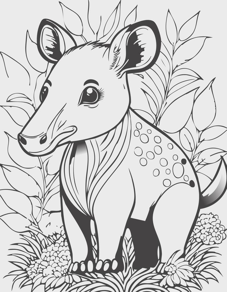 Cute Tapir Mammal Coloring Kid Book Page in Black and White. Monochrome and Samples vector