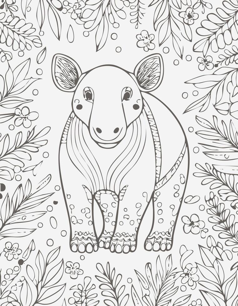 Cute Tapir Mammal Coloring Kid Book Page in Black and White. Monochrome and Colored vector