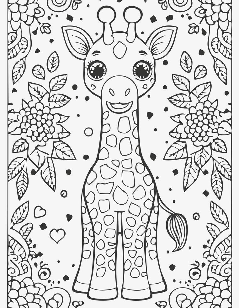 Cute Giraffe Mammal Coloring Kid Book in Black and White. Monochrome and Colored Samples vector