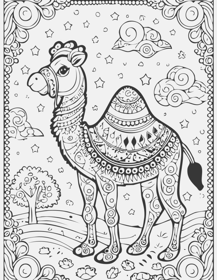 Cute Camel Mammal Coloring Kid Book in Black and White. Monochrome and Colored Samples vector