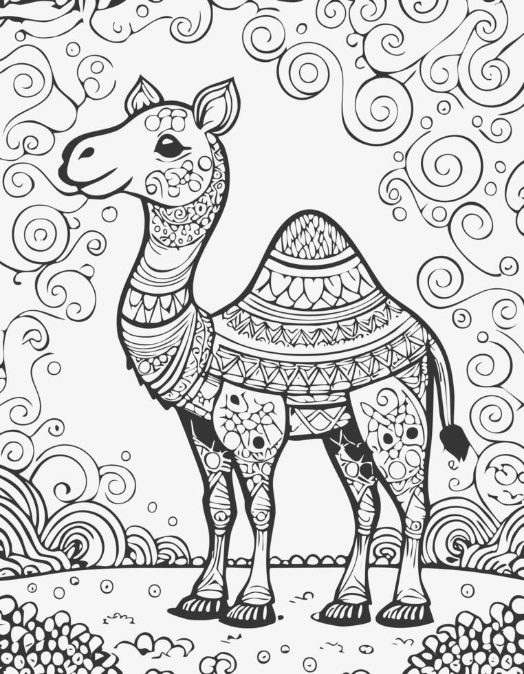 Cute Camel Mammal Coloring Kid Book Page in Black White. Monochrome and Colored Samples vector