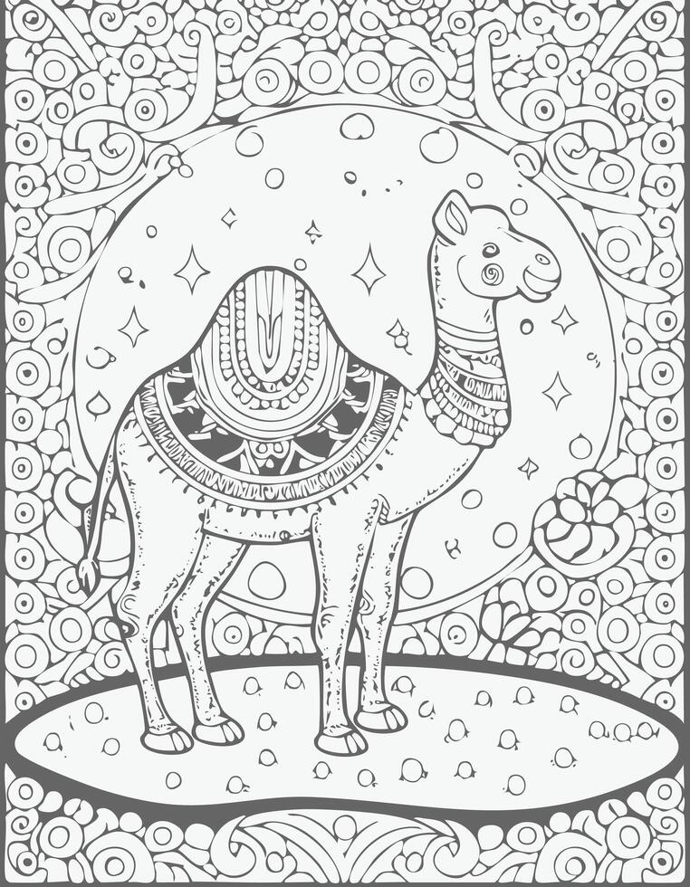 Cute Camel Mammal Coloring Kid Book Page in Black and White. Monochrome Colored Samples vector