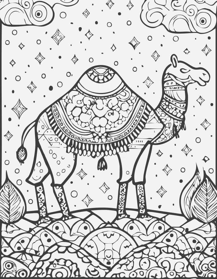 Cute Camel Mammal Coloring Kid Book Page in Black and White. Monochrome and Colored vector