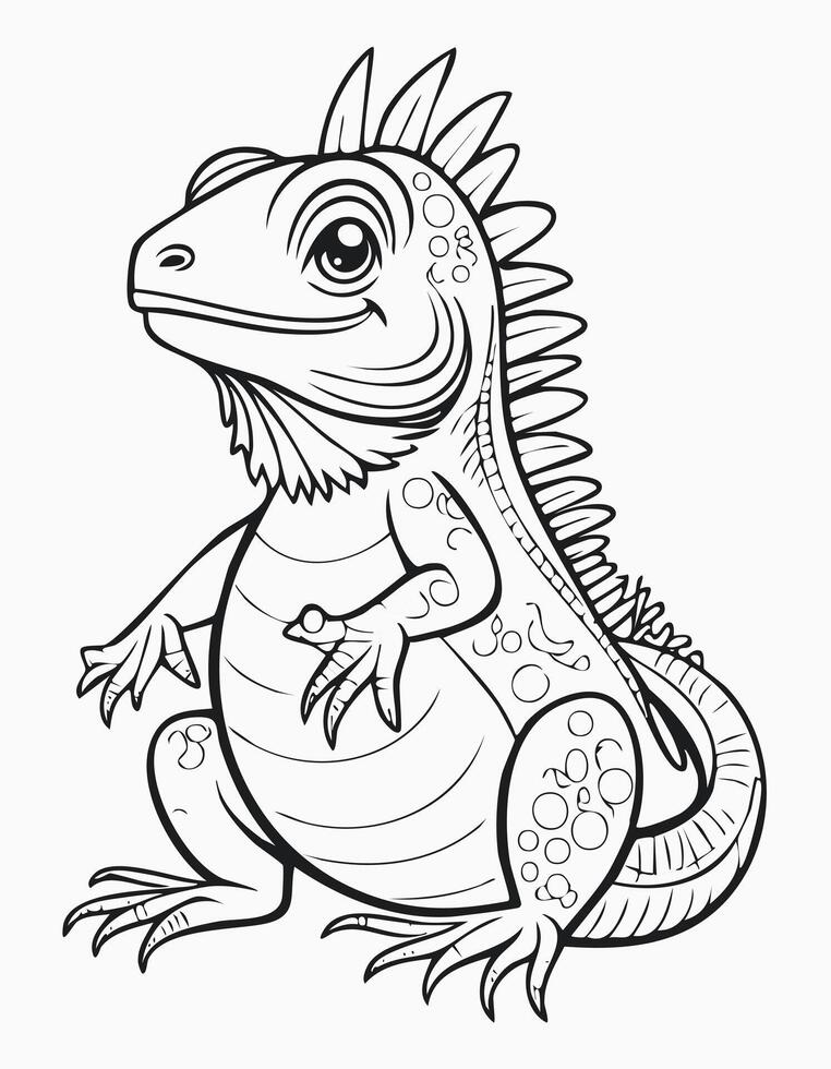 Cute Iguana Animal Coloring Kid Book Page in Black and White. and Colored Samples vector