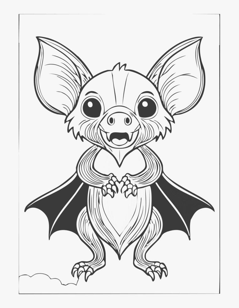 Cute Bat Animal Coloring Kid Book Page in Black White. Monochrome and Colored Samples vector