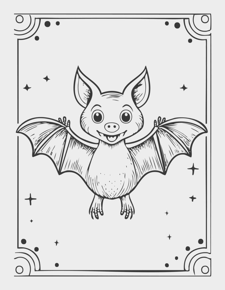 Cute Bat Animal Coloring Kid Book in Black and White. Monochrome and Colored Samples vector