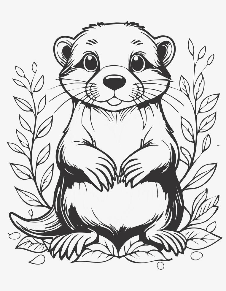 Cute Otter Animal Mammal Coloring Kid Page in Black and White. Monochrome and Colored Samples vector