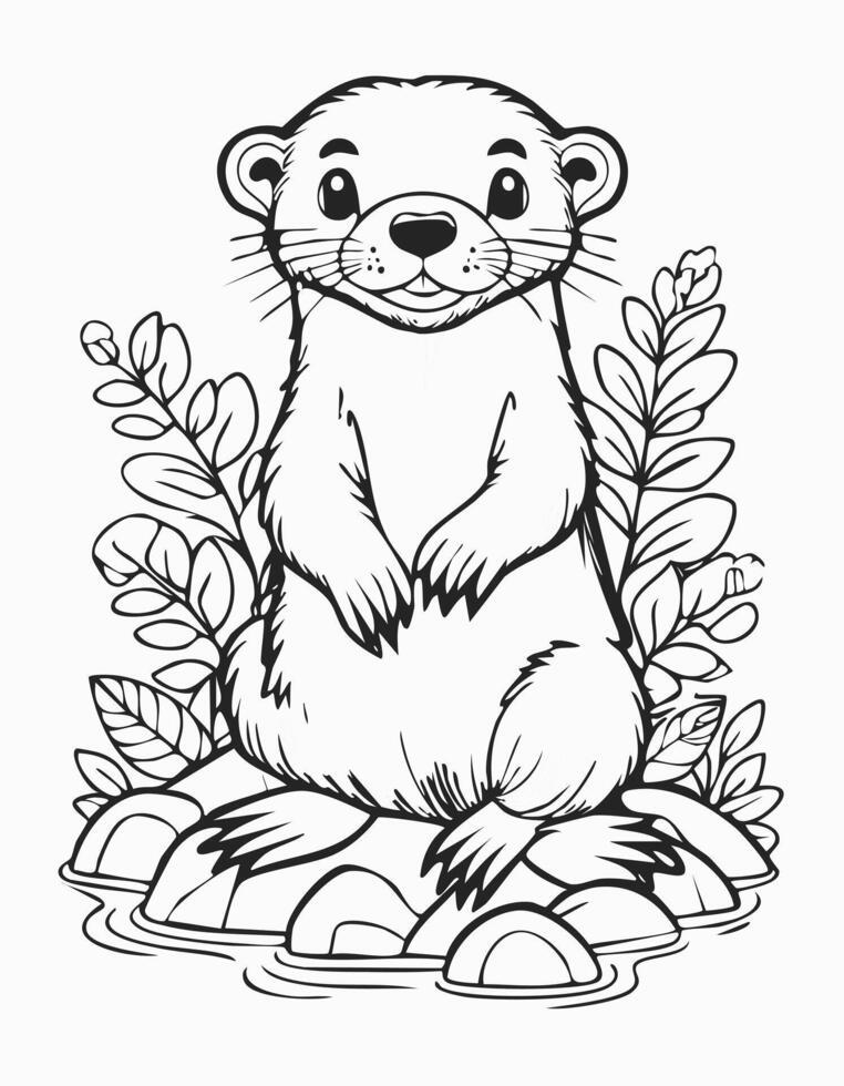 Cute Otter Animal Mammal Coloring Kid Book in Black and White. Monochrome and Colored Samples vector