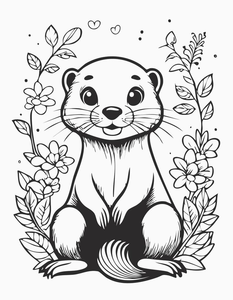 Cute Otter Animal Mammal Coloring Kid Book Page in Black and White. Monochrome and Colored vector
