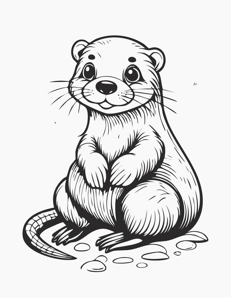 Cute Otter Animal Mammal Coloring Kid Book Page in Black and White. Monochrome and Samples vector