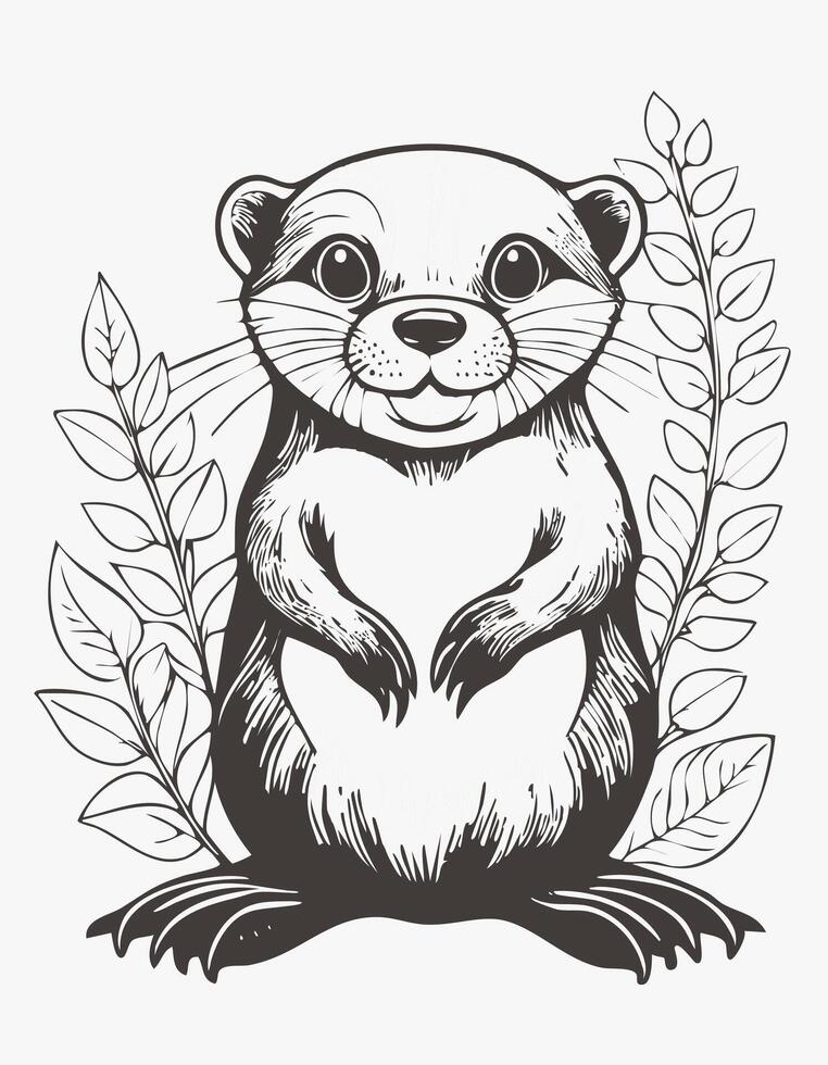 Cute Otter Animal Mammal Coloring Kid Book Page in Black and White. Monochrome and Colored Samples vector