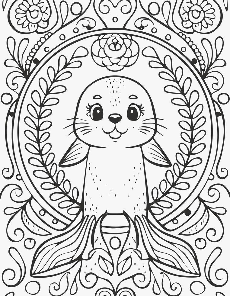 Cute Seal Animal Coloring Kid Book Page in Black and White. Monochrome and Colored Samples vector