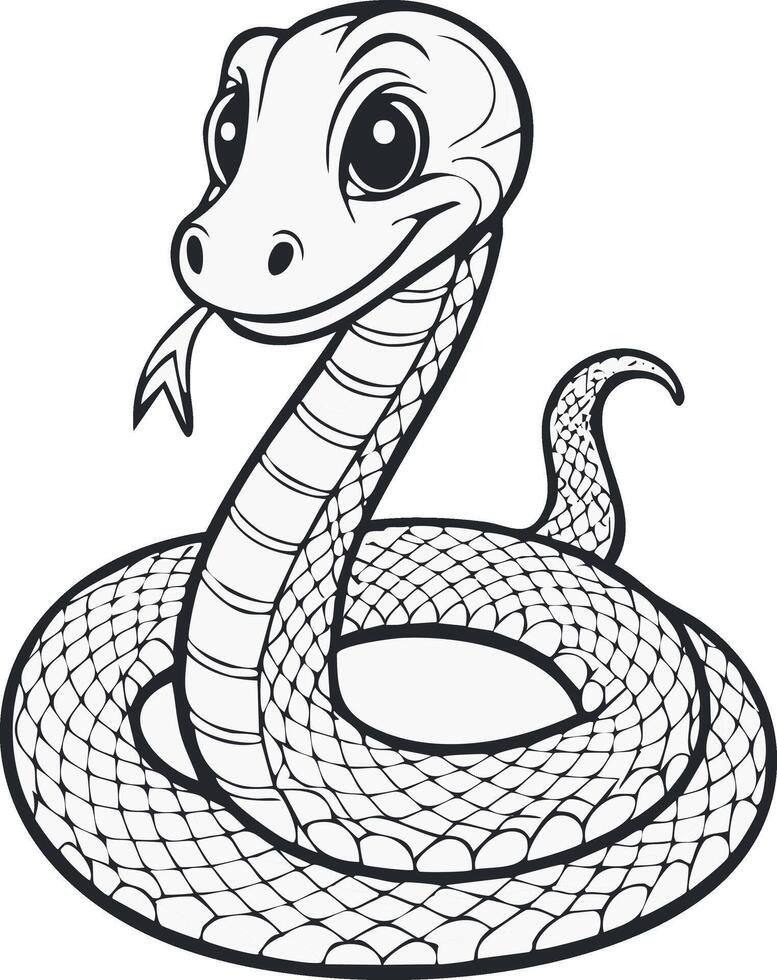 Cute Snake Animal Coloring Kid Page in Black and White. Monochrome and Colored Samples vector