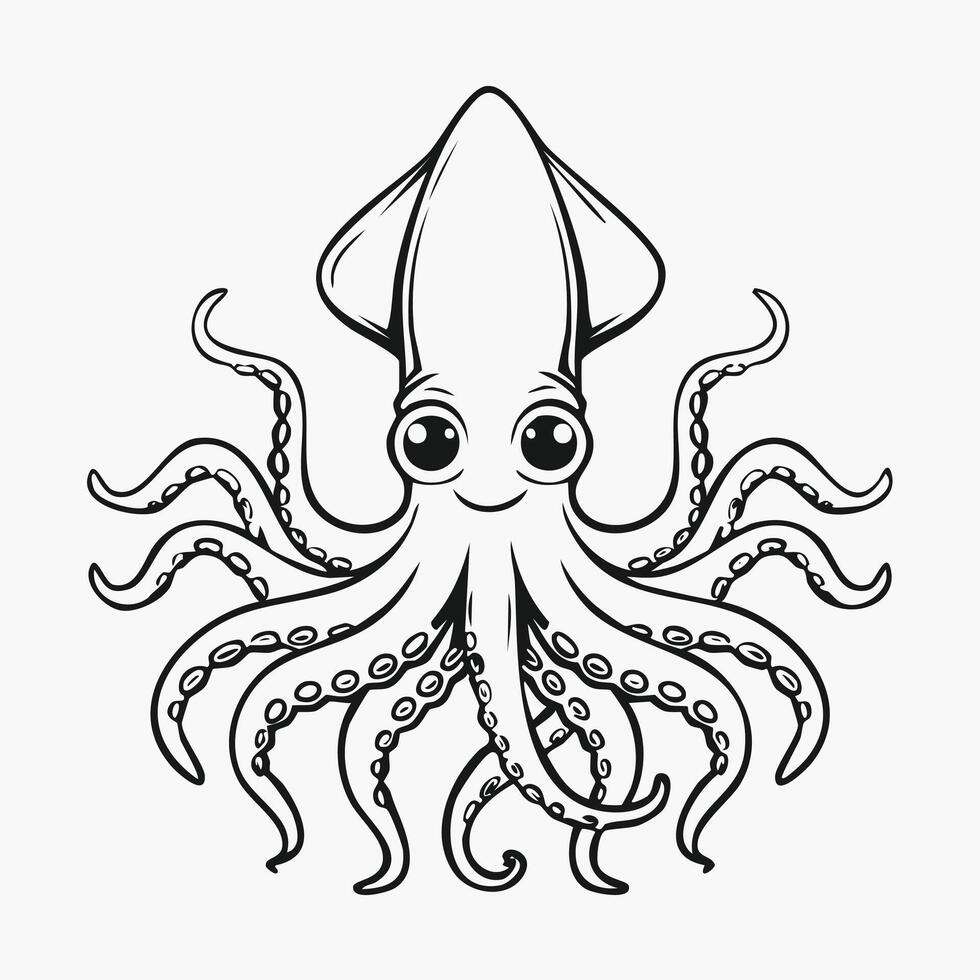 Cute Squid Animal Coloring Kid Book in Black and White. Monochrome and Colored Samples vector
