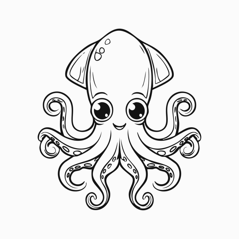 Cute Squid Animal Coloring Kid Book Page in Black White. Monochrome and Colored Samples vector