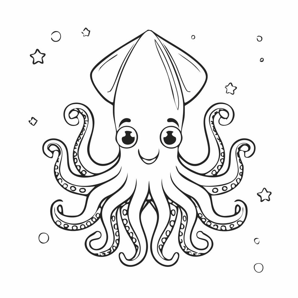 Cute Squid Animal Coloring Kid Book Page in Black and White. and Colored Samples vector