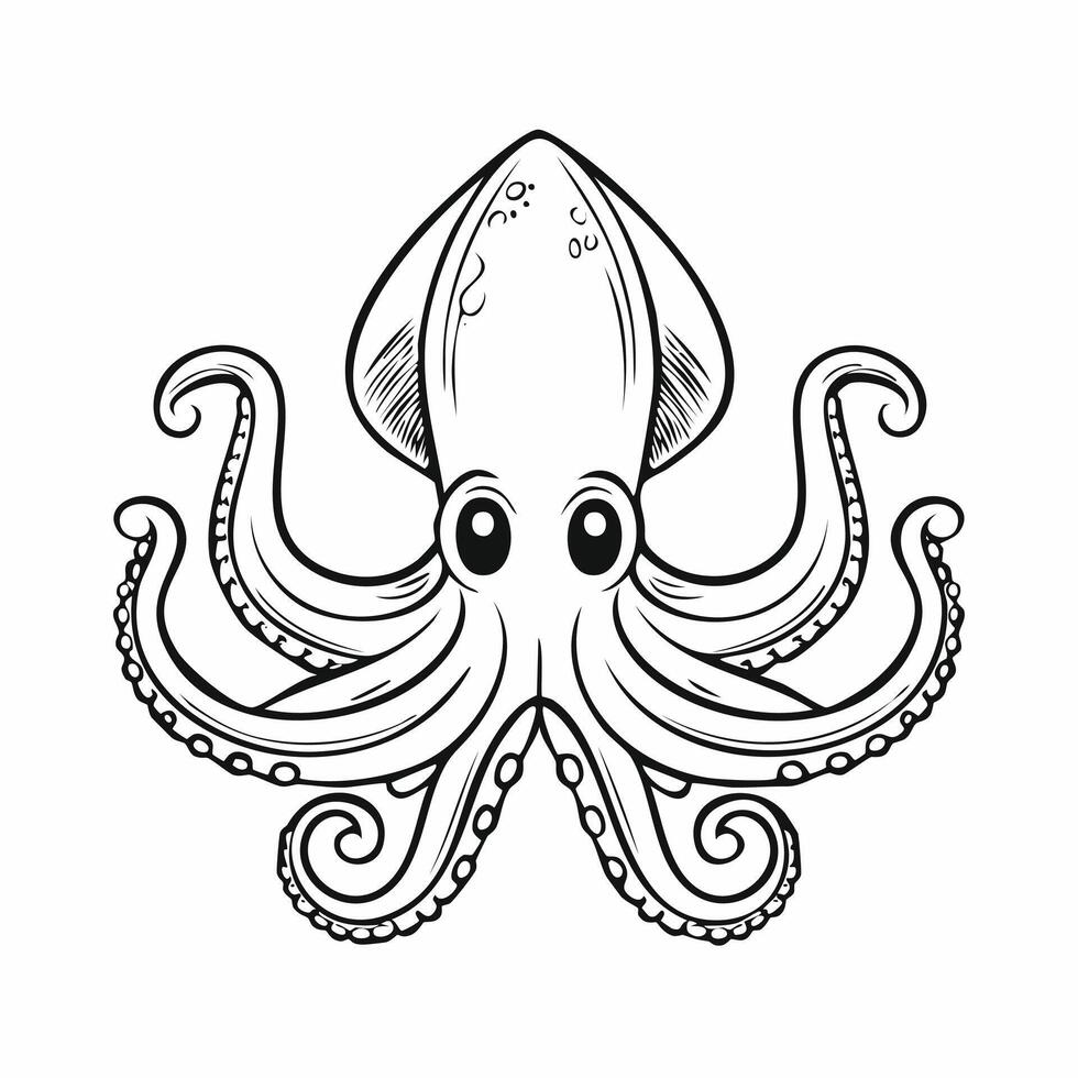 Cute Squid Animal Coloring Kid Book Page in Black and White. Monochrome Colored Samples vector