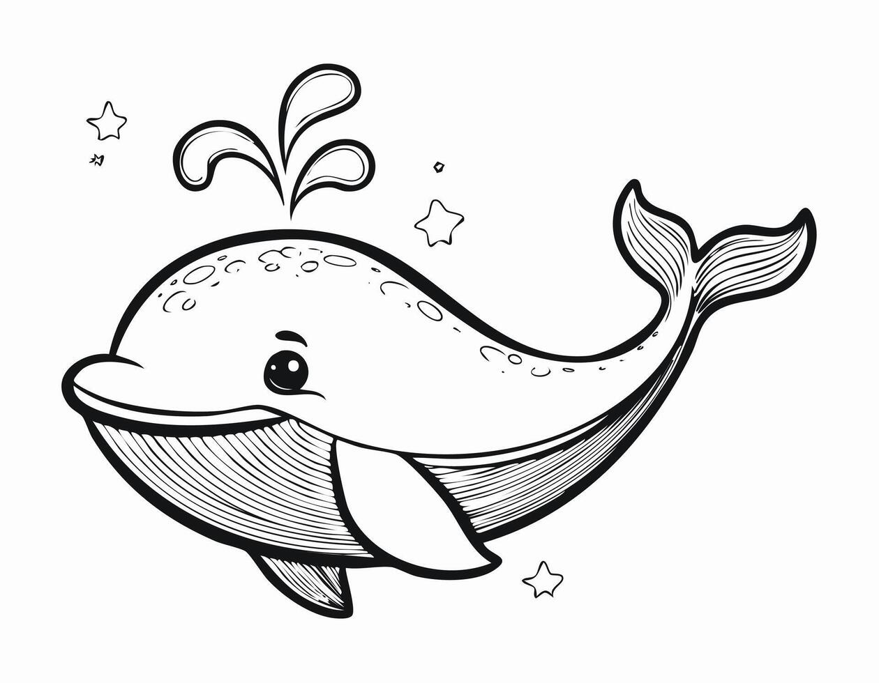 Cute Whale Animal Coloring Kid Book Page in Black and White. Monochrome and Colored vector