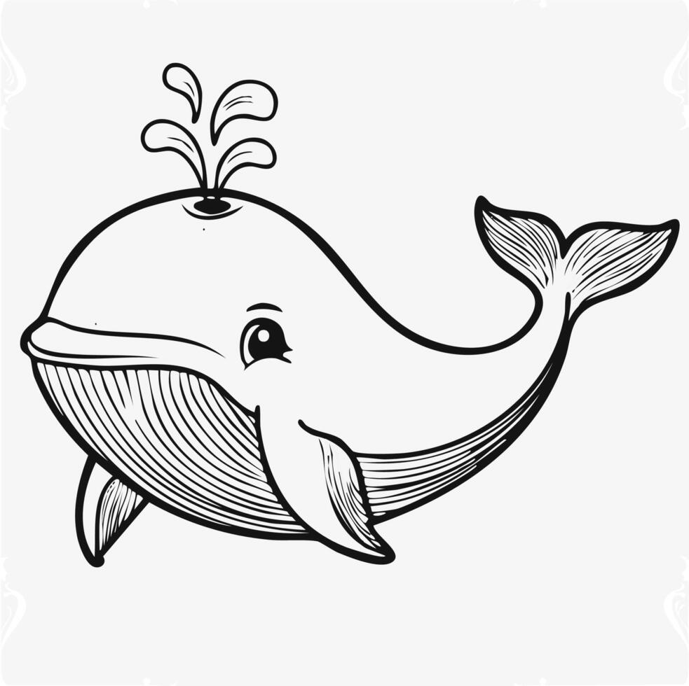 Cute Whale Animal Coloring Kid Book Page in Black and White. Monochrome and Samples vector