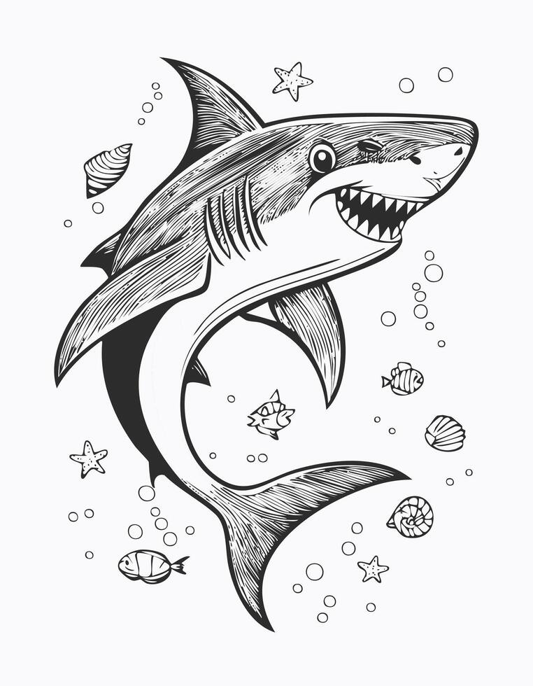 Cute Shark Fish Animal Coloring Kid Book Page in Black White. Monochrome and Colored Samples vector