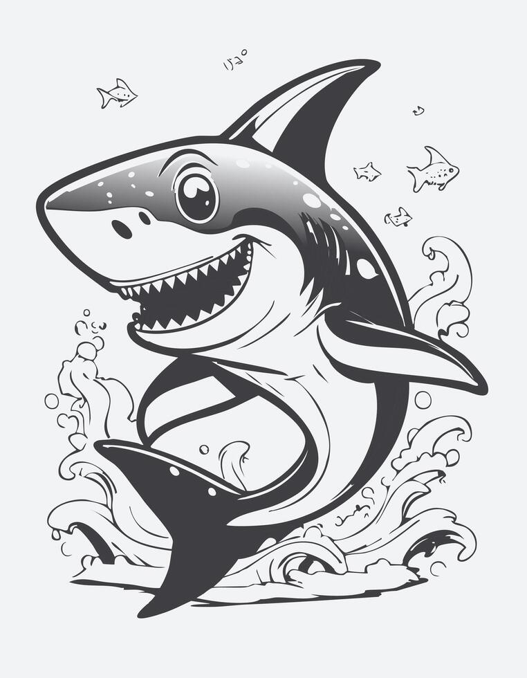 Cute Shark Fish Animal Coloring Kid Book Page in Black and White. and Colored Samples vector