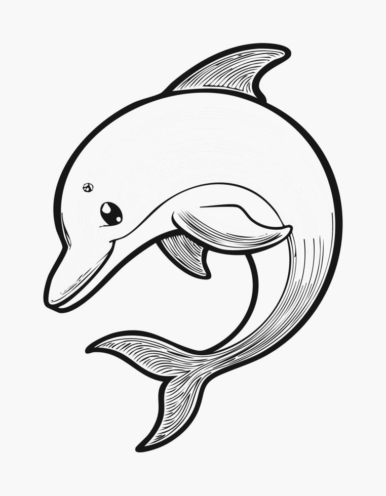 Cute Dolphin Fish Animal Coloring Kid Book Page in Black and White. Monochrome and Samples vector